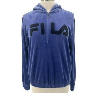 FILA Velour 1/4 Zip Blue Logo Hoodie Womens Medium